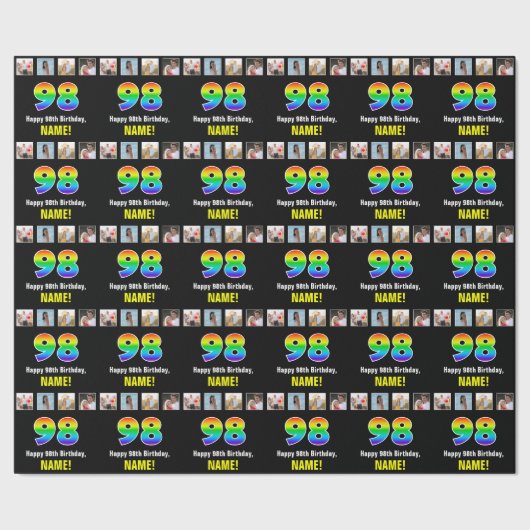 Papier Cadeau 98e anniversaire : Arc-en-ciel "98"; photos et nom (Couture)
