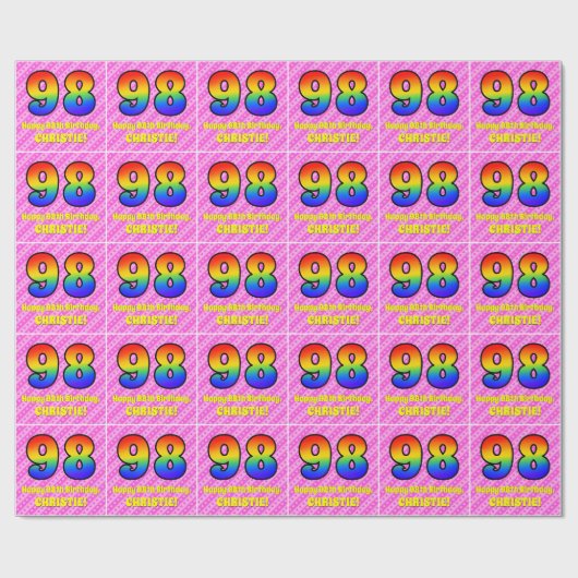 Papier Cadeau 98e anniversaire : Pink Stripes & Hearts, Arc en c (Plat)