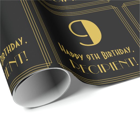 Papier Cadeau 9e anniversaire ~ Art Déco Inspiré Look "9", Nom (Coin rond)