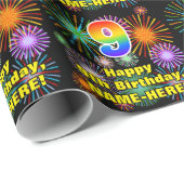 Papier Cadeau 9e anniversaire : Fun Fireworks, Rainbow Look # "9 (Coin rond)