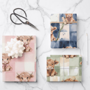 Papier cadeau à carreaux Vache Highland rose vert