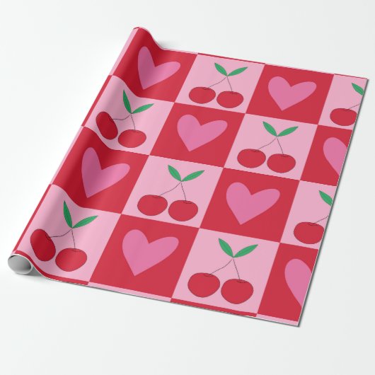 Papier Cadeau à damiers Cerises avec Motif de Coeurs Roses (Déroulé)
