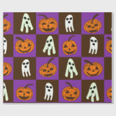 Papier Cadeau à damiers Éffrayants Citrouilles d'Halloween et Fa (Plat)
