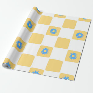 Papier Cadeau À damiers Jaune Blanc Avec Motif Fleur Bleu