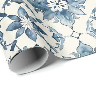Papier Cadeau à Motif de Carreaux Floraux Bleus