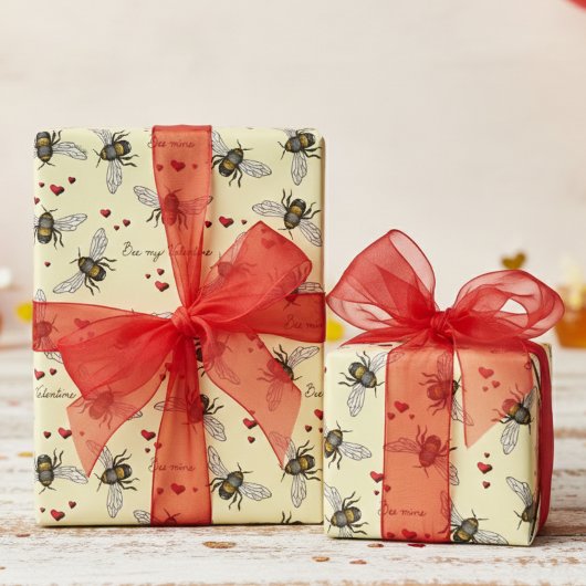 Papier Cadeau Abee Mine Be My Valentine Bees and Hearts Jaune