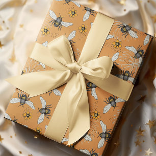 Papier Cadeau Abeille à Miel Bourdonnante Orange Branchée pour l