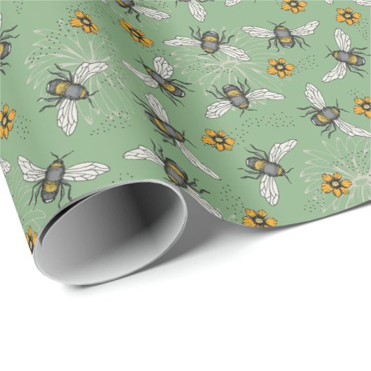 Papier Cadeau Abeille à miel bourdonnante vert sauge tendance po (Coin rond)