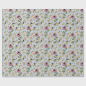 Papier Cadeau Abeille bleu pastel, peigne de miel et fleurs exot (Plat)