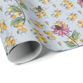 Papier Cadeau Abeille bleu pastel, peigne de miel et fleurs exot (Coin rond)