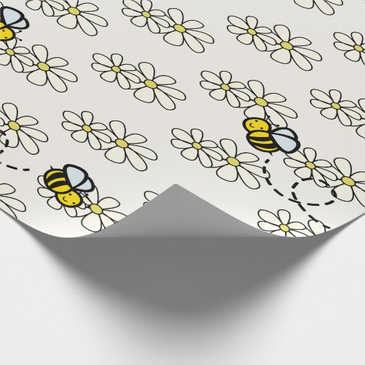 Papier Cadeau Abeille jaune miel et motif de marguerite blanche (Coin)