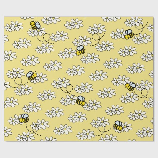Papier Cadeau Abeille jaune miel et motif de marguerite blanche (Plat)