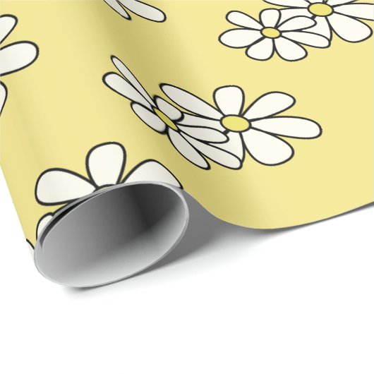 Papier Cadeau Abeille jaune miel et motif de marguerite blanche (Coin rond)
