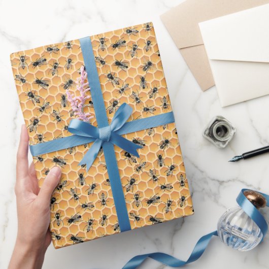 Papier Cadeau Abeilles Dorées Occupées et Rayon de Miel (Cadeaux)