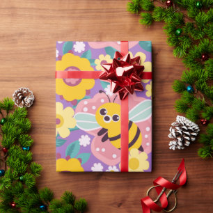 Papier Cadeau Abeilles et fleurs de dessin animé adorables