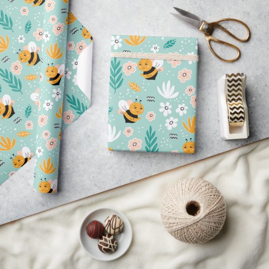 Papier Cadeau Abeilles Fleurs Feuilles  (Artisanat)