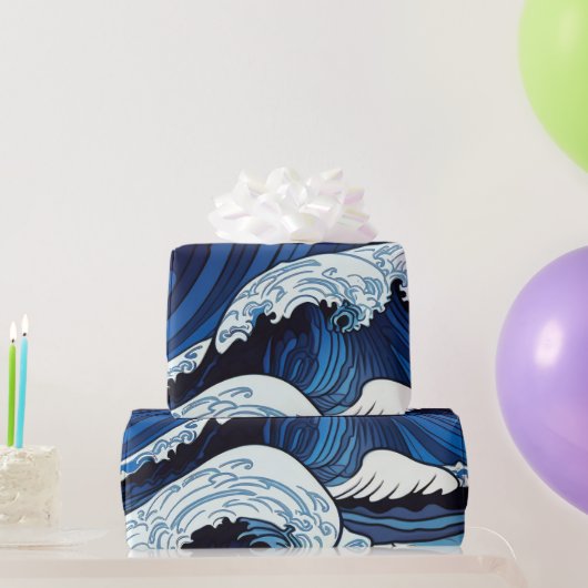 Papier Cadeau Abstrait Blue Ocean Waves Art de style japonais | (Cadeaux de fête)