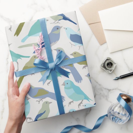 Papier Cadeau Abstrait Moderne Cute Bleu et Vert Oiseaux Wrappin (Cadeaux)