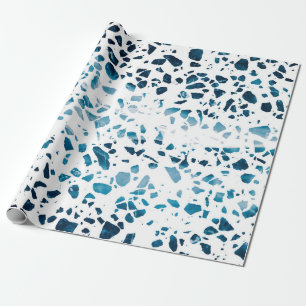 Papier Cadeau Abstrait Terrazzo Mosaic Marine et Motif bleu clai