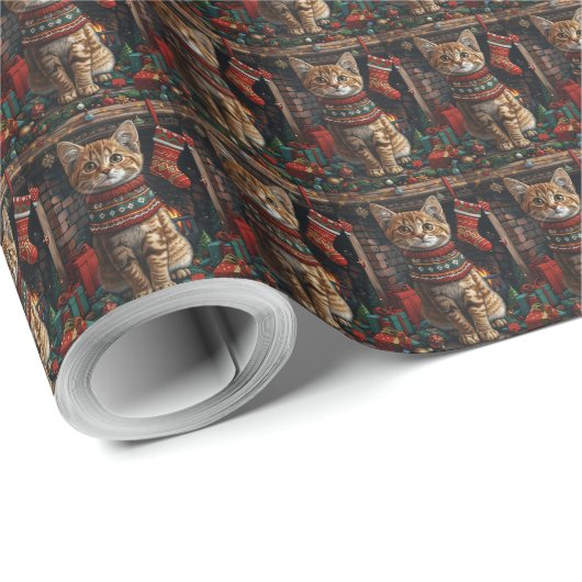 Papier Cadeau Abyssinian avec les cadeaux de Noël cheminée (Coin rond)