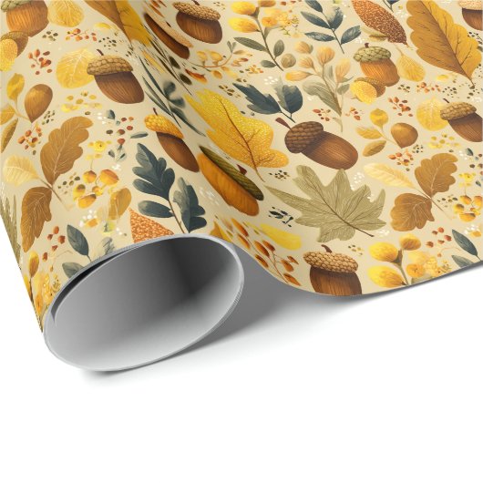 Papier Cadeau Acornes et Feuilles d'automne douillets en Jaune, (Coin rond)