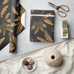 Papier Cadeau Acornes et feuilles de chêne sur noir