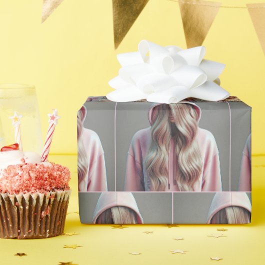 Papier Cadeau Adolescente se cachant derrière de longs cheveux b (Fête d'anniversaire)