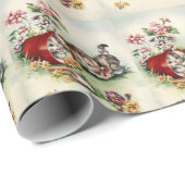 Papier Cadeau Adorable Chatons Jardin Pot Fleur Rouge (Coin rond)