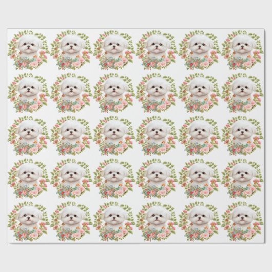 Papier Cadeau adorable chiot maltais en fleur, Amoureux des chie (Plat)