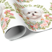 Papier Cadeau adorable chiot maltais en fleur, Amoureux des chie (Coin rond)