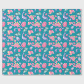 Papier Cadeau Adorable Cute Pink Bleu et Vert Dinosaure (Plat)