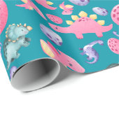 Papier Cadeau Adorable Cute Pink Bleu et Vert Dinosaure (Coin rond)