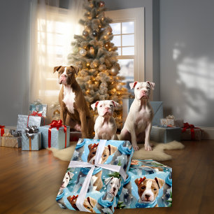 Papier Cadeau Adorable Flocon de neige de l'hiver Puppies Pitbul