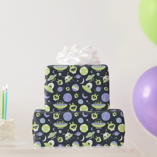 Papier Cadeau Adorable Green Aliens Space Ships UFO Kids (Cadeaux de fête)