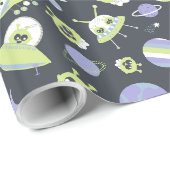 Papier Cadeau Adorable Green Aliens Space Ships UFO Kids (Coin rond)
