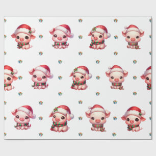 Papier Cadeau Adorable Noël de Noël Porcs Kawaii sur Blanc II