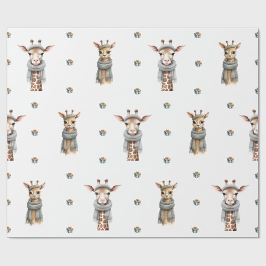 Papier Cadeau Adorable Noël Giraffes sur blanc (Plat)