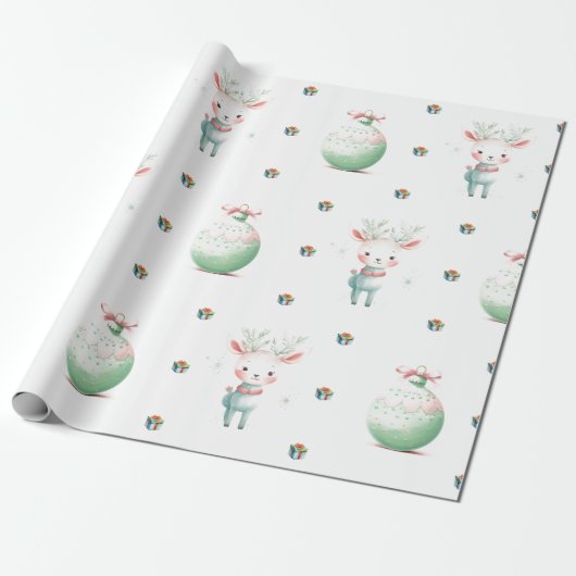 Papier Cadeau Adorable Noël Pastel Deer en blanc (Déroulé)