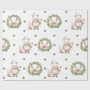 Papier Cadeau Adorable Noël Pastel Pigs sur blanc