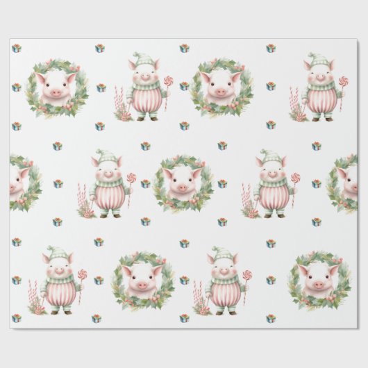 Papier Cadeau Adorable Noël Pastel Pigs sur blanc (Couture)