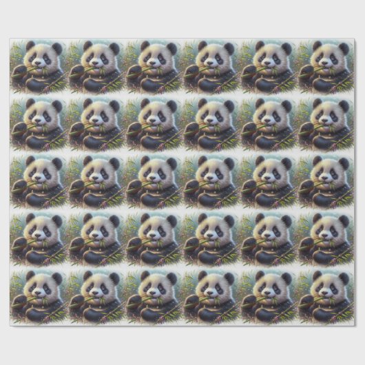 Papier Cadeau Adorable Ours De Panda Mangeant Bambou (Plat)