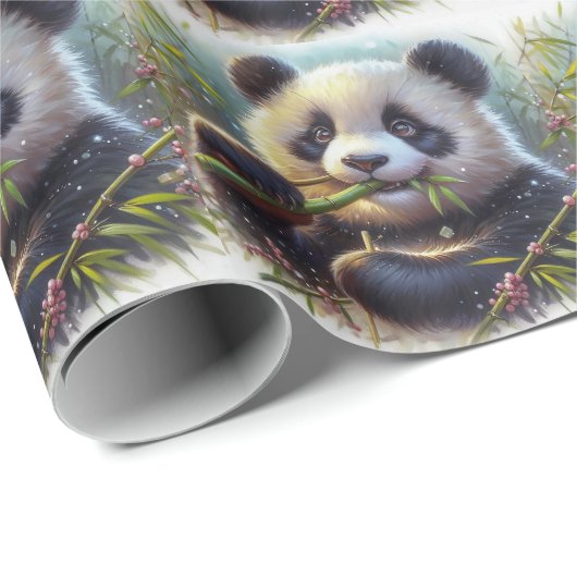 Papier Cadeau Adorable Ours De Panda Mangeant Bambou (Coin rond)