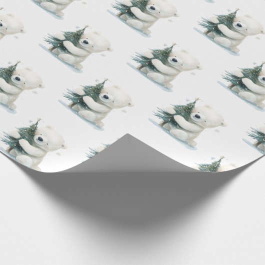 Papier Cadeau Adorable Ours Polaire Accrochant Arbre de Noël, Mi (Coin)