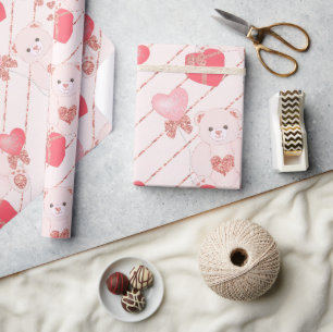 Papier Cadeau Adorable Teddy Bear Parties scintillant Coeurs ros