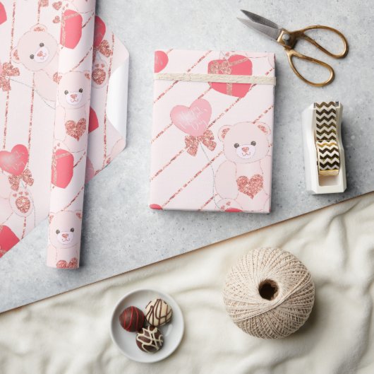 Papier Cadeau Adorable Teddy Bear Parties scintillant Coeurs ros (Artisanat)