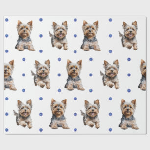Papier Cadeau Adorable Yorkshire Terrier Noël en blanc