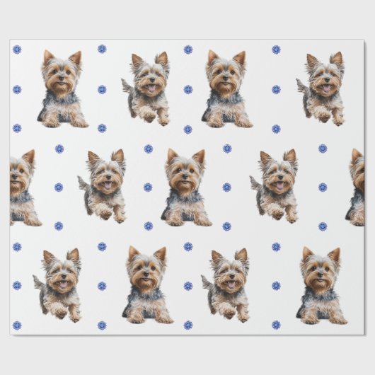 Papier Cadeau Adorable Yorkshire Terrier Noël en blanc (Couture)
