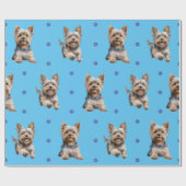 Papier Cadeau Adorable Yorkshire Terrier Noël en bleu (Plat)