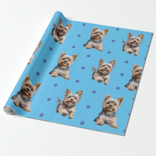 Papier Cadeau Adorable Yorkshire Terrier Noël en bleu (Déroulé)