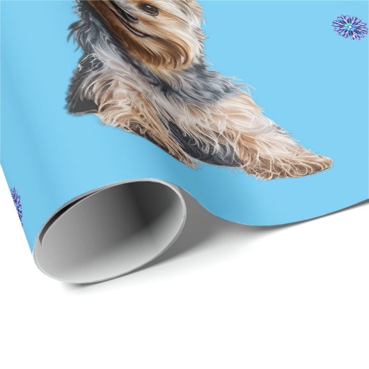 Papier Cadeau Adorable Yorkshire Terrier Noël en bleu (Coin rond)